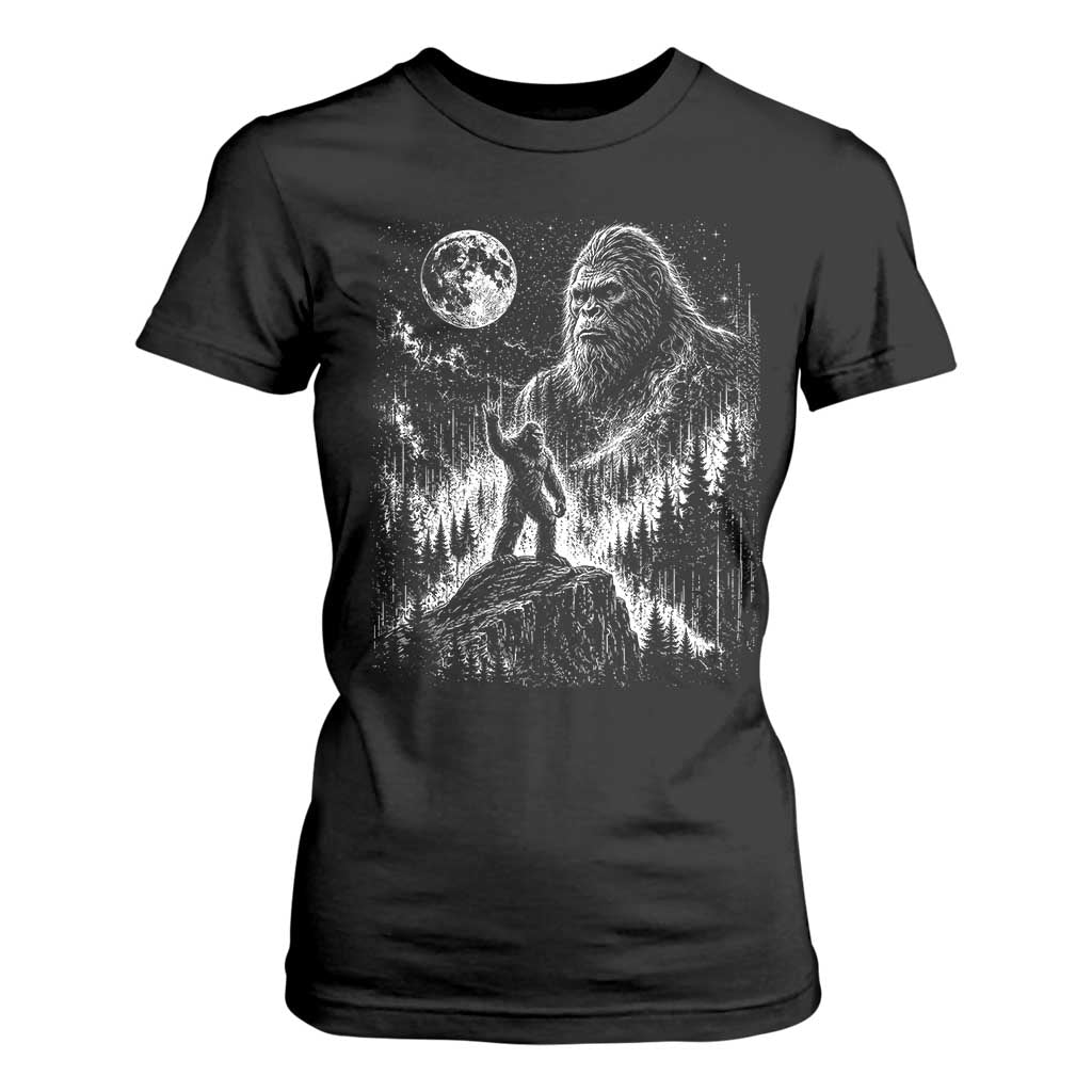 Bigfoot Howling at Moon Mystical Forest T Shirt For Women Funny Sasquatch Nature Lover