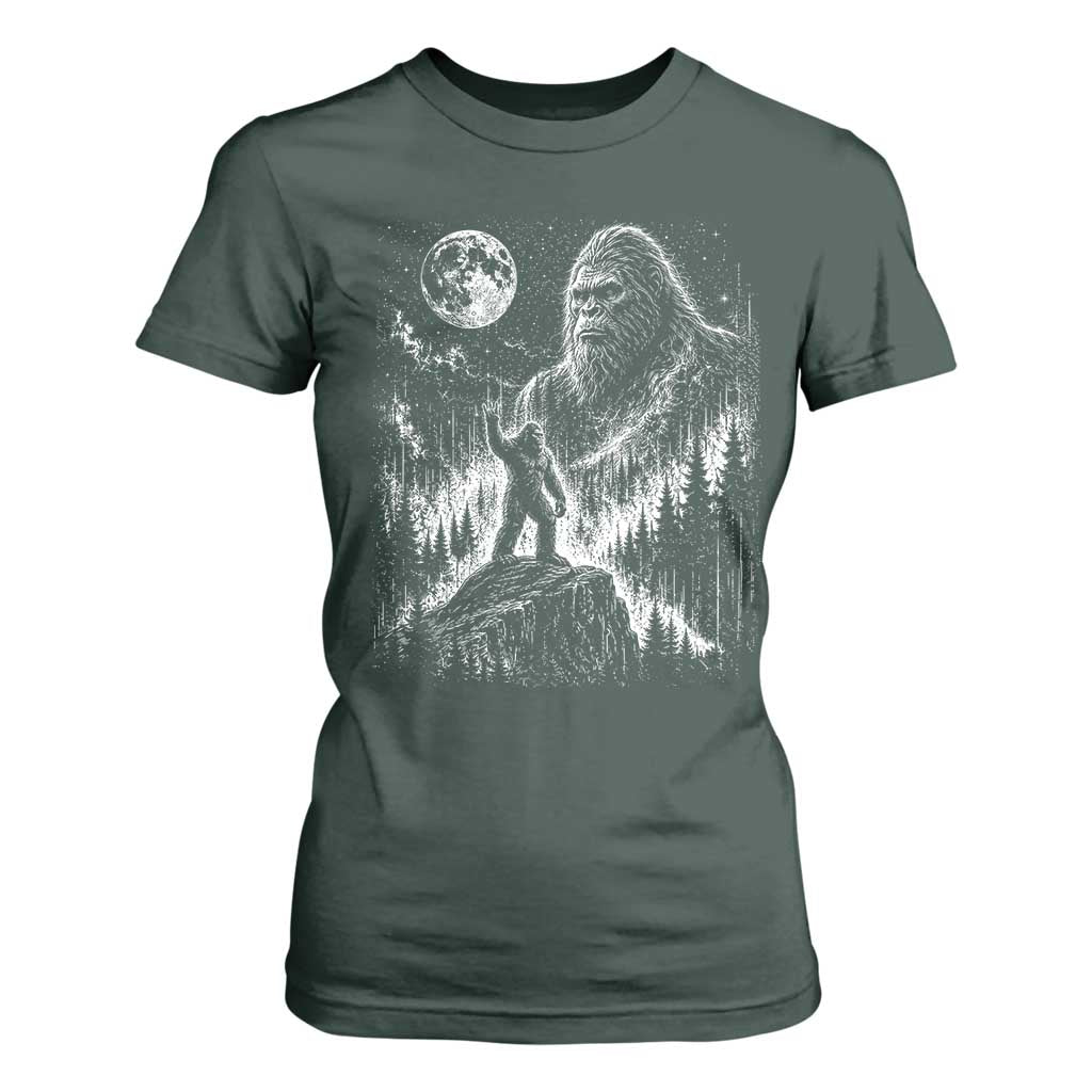 Bigfoot Howling at Moon Mystical Forest T Shirt For Women Funny Sasquatch Nature Lover
