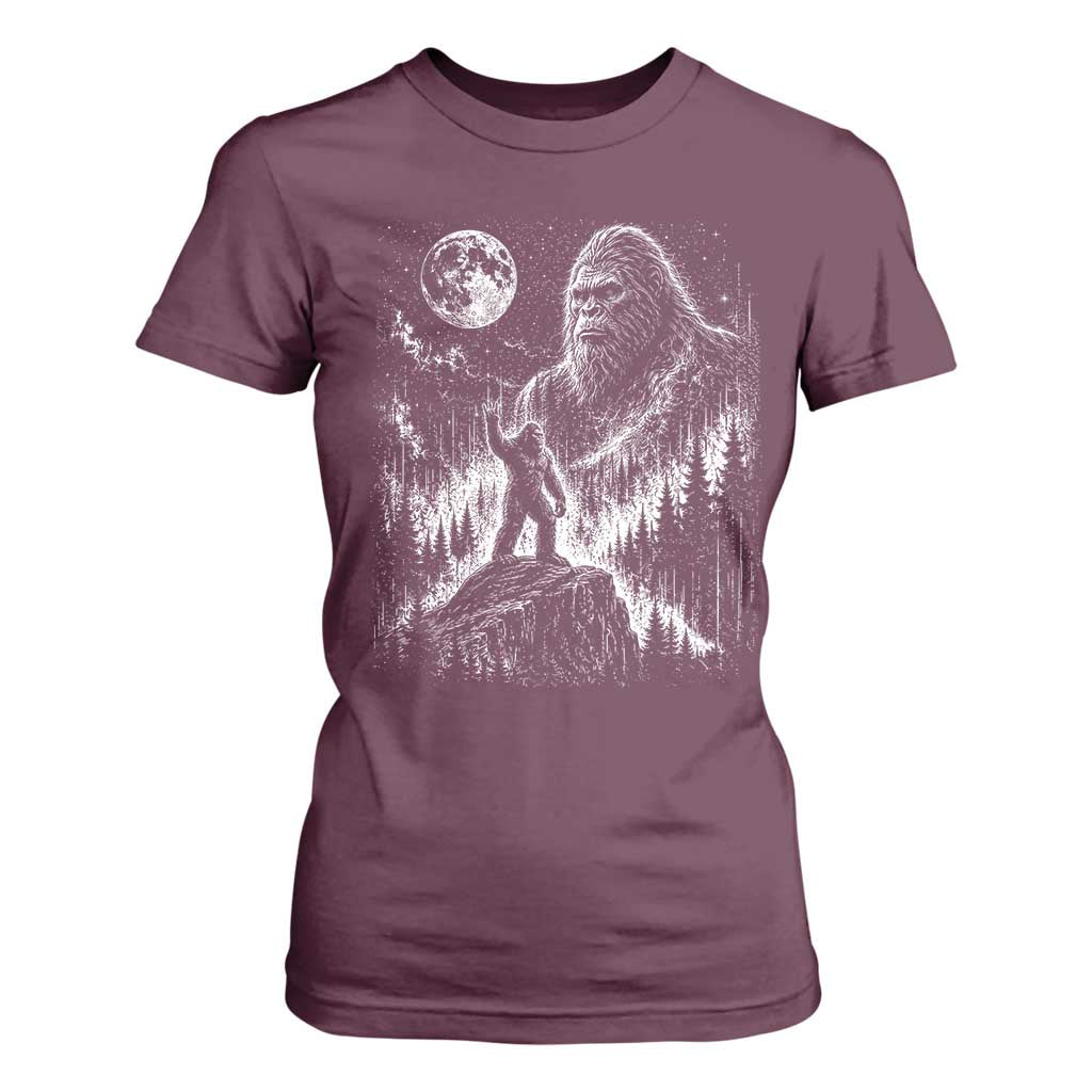 Bigfoot Howling at Moon Mystical Forest T Shirt For Women Funny Sasquatch Nature Lover
