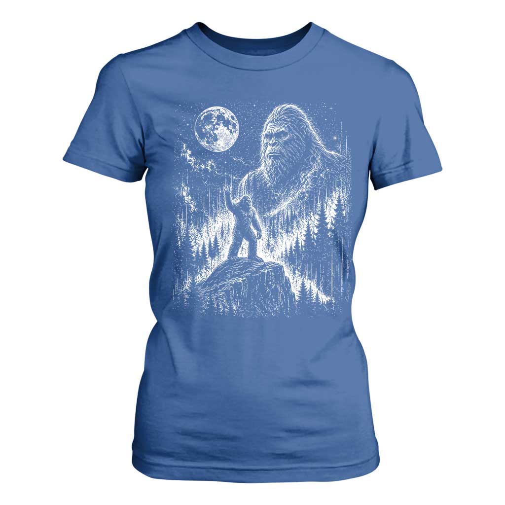 Bigfoot Howling at Moon Mystical Forest T Shirt For Women Funny Sasquatch Nature Lover