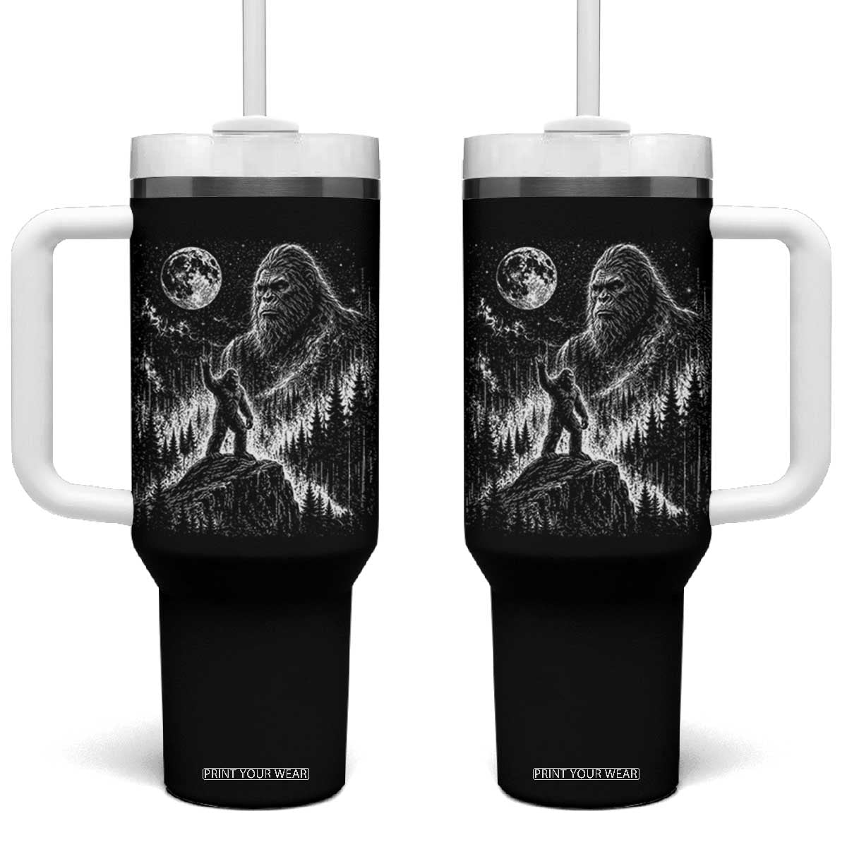 Bigfoot Howling at Moon Mystical Forest Tumbler With Handle Funny Sasquatch Nature Lover TS11 One Size: 40 oz Black Print Your Wear