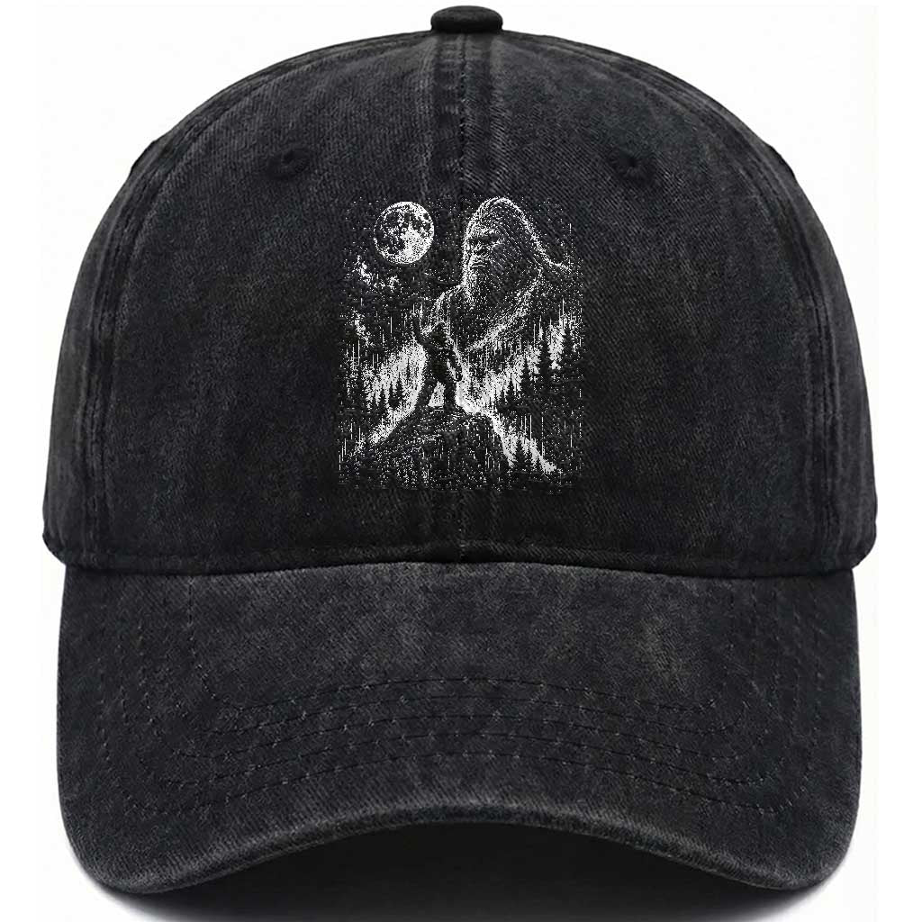 Bigfoot Howling at Moon Mystical Forest Washed Cotton Baseball Cap Funny Sasquatch Nature Lover
