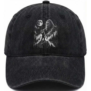 Bigfoot Howling at Moon Mystical Forest Washed Cotton Baseball Cap Funny Sasquatch Nature Lover
