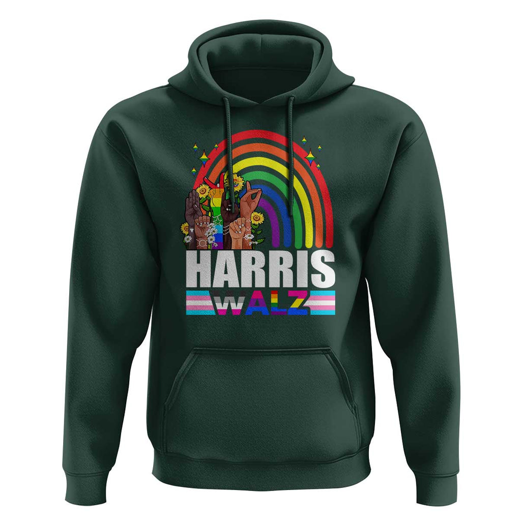 Harris Walz Hoodie LGBT Rainbow Flag Hand Rise Flower Unity TS11 Dark Forest Green Print Your Wear