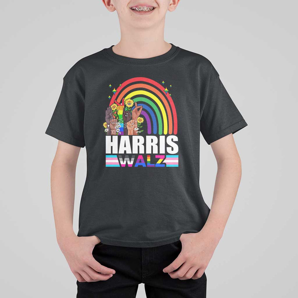 Harris Walz T Shirt For Kid LGBT Rainbow Flag Hand Rise Flower Unity TS11 Black Print Your Wear