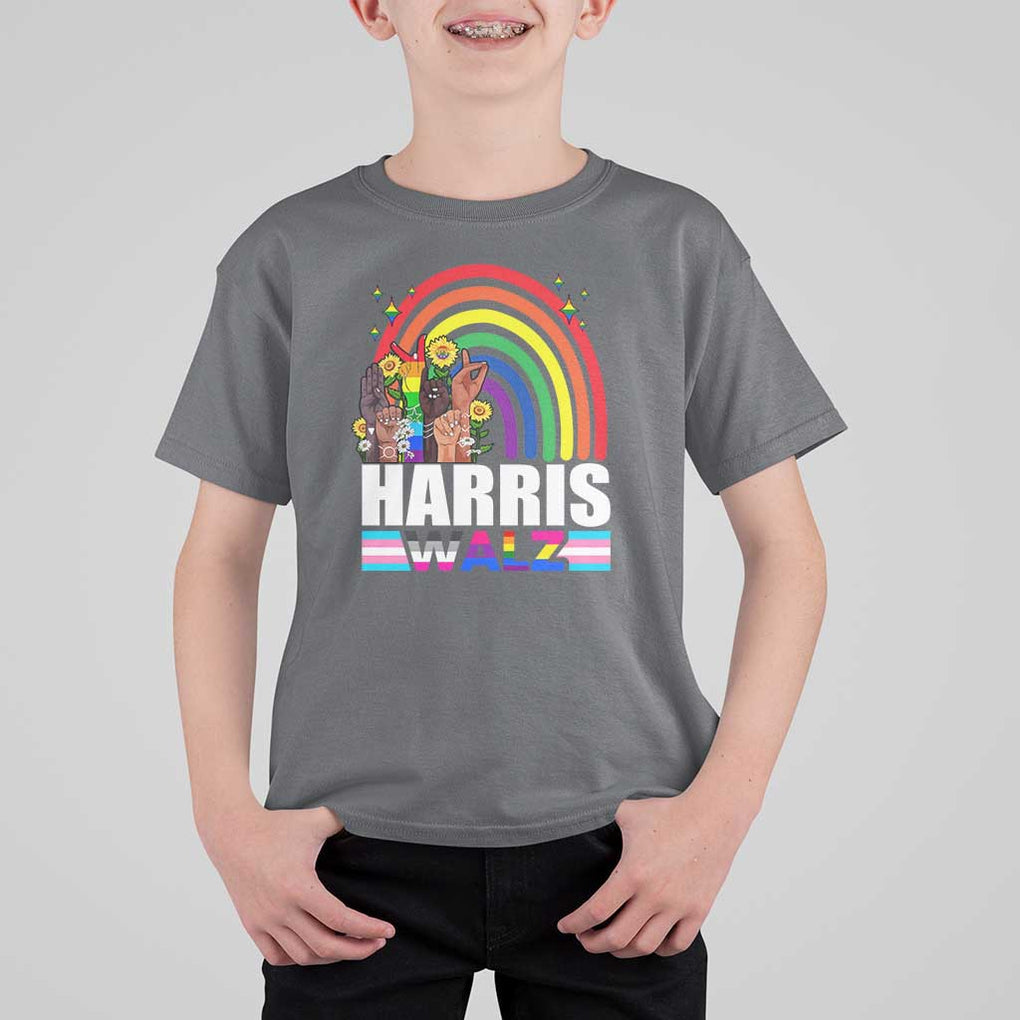 Harris Walz T Shirt For Kid LGBT Rainbow Flag Hand Rise Flower Unity TS11 Charcoal Print Your Wear