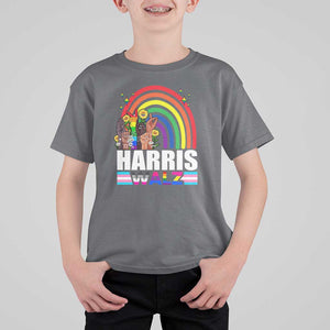Harris Walz T Shirt For Kid LGBT Rainbow Flag Hand Rise Flower Unity TS11 Charcoal Print Your Wear