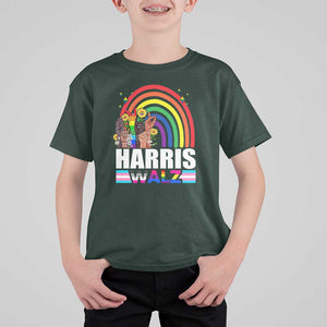 Harris Walz T Shirt For Kid LGBT Rainbow Flag Hand Rise Flower Unity TS11 Dark Forest Green Print Your Wear