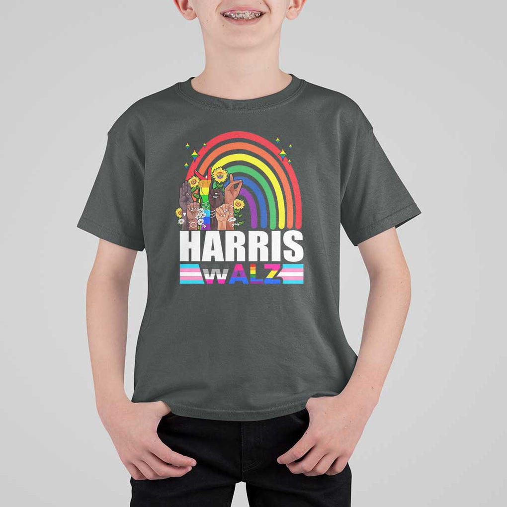 Harris Walz T Shirt For Kid LGBT Rainbow Flag Hand Rise Flower Unity TS11 Dark Heather Print Your Wear