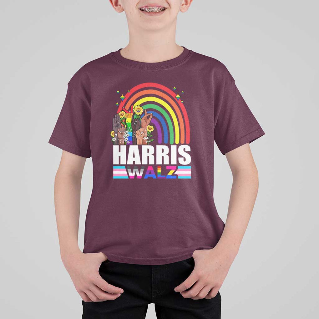 Harris Walz T Shirt For Kid LGBT Rainbow Flag Hand Rise Flower Unity TS11 Maroon Print Your Wear