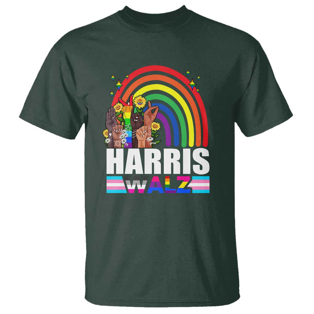 Harris Walz T Shirt LGBT Rainbow Flag Hand Rise Flower Unity TS11 Dark Forest Green Print Your Wear