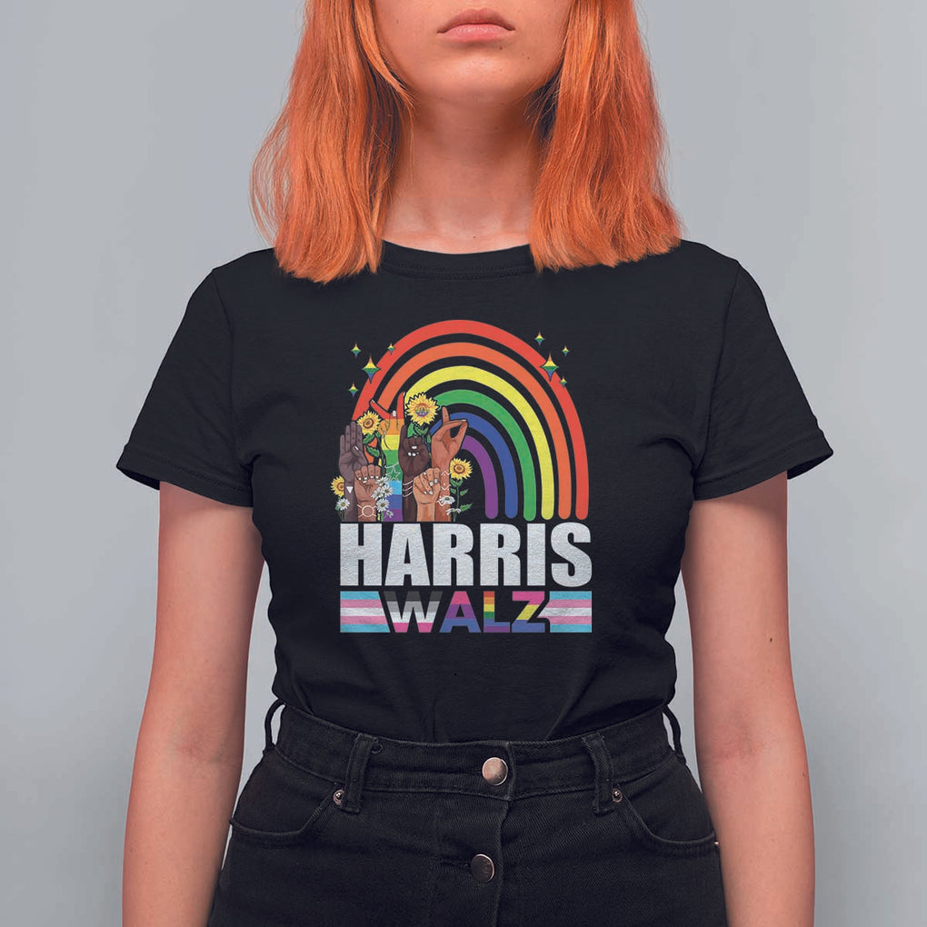 Harris Walz T Shirt For Women LGBT Rainbow Flag Hand Rise Flower Unity TS11 Black Print Your Wear