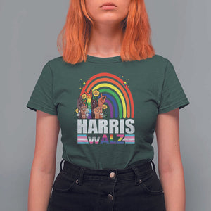 Harris Walz T Shirt For Women LGBT Rainbow Flag Hand Rise Flower Unity TS11 Dark Forest Green Print Your Wear