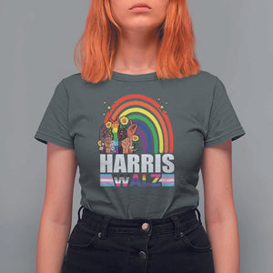Harris Walz T Shirt For Women LGBT Rainbow Flag Hand Rise Flower Unity TS11 Dark Heather Print Your Wear