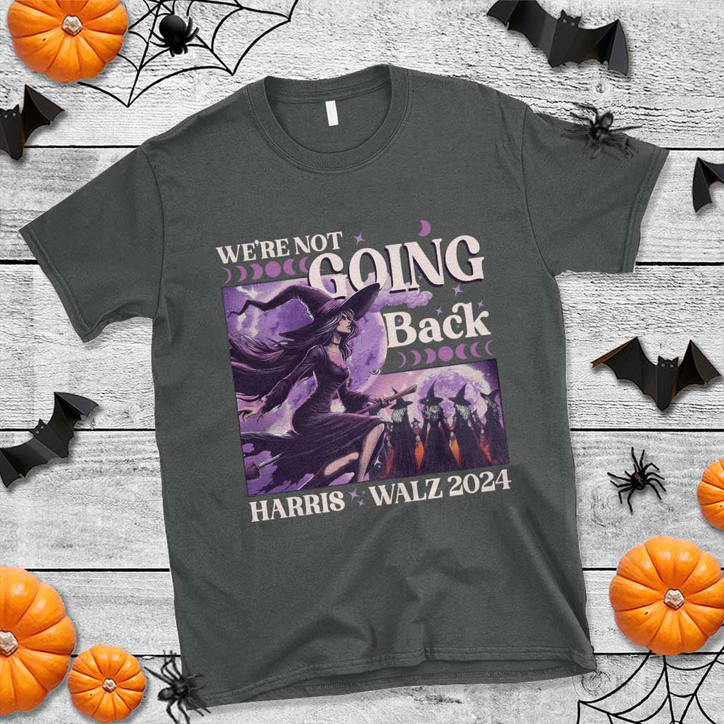 Harris Walz 2024 Halloween T Shirt We're Not Going Back Witch Childless Cat Ladies Moon TS11 Dark Heather Print Your Wear