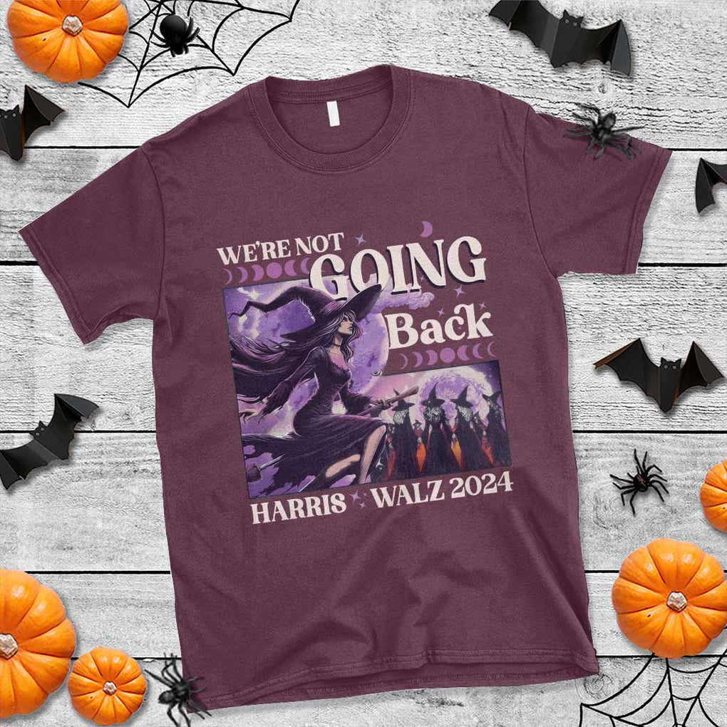 Harris Walz 2024 Halloween T Shirt We're Not Going Back Witch Childless Cat Ladies Moon TS11 Maroon Print Your Wear