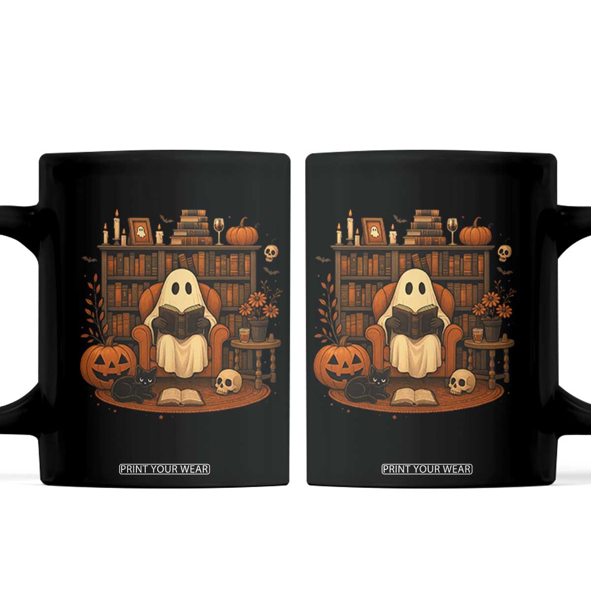 Halloween Book Lover Coffee Mug Spooky Ghost Reading Book Librarians Bookworm TS11 Black Print Your Wear
