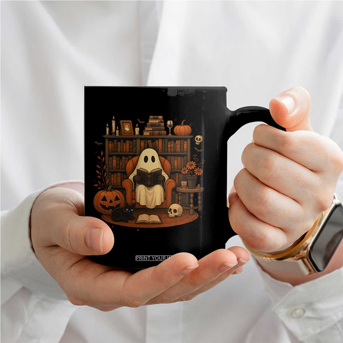 Halloween Book Lover Coffee Mug Spooky Ghost Reading Book Librarians Bookworm TS11 Print Your Wear