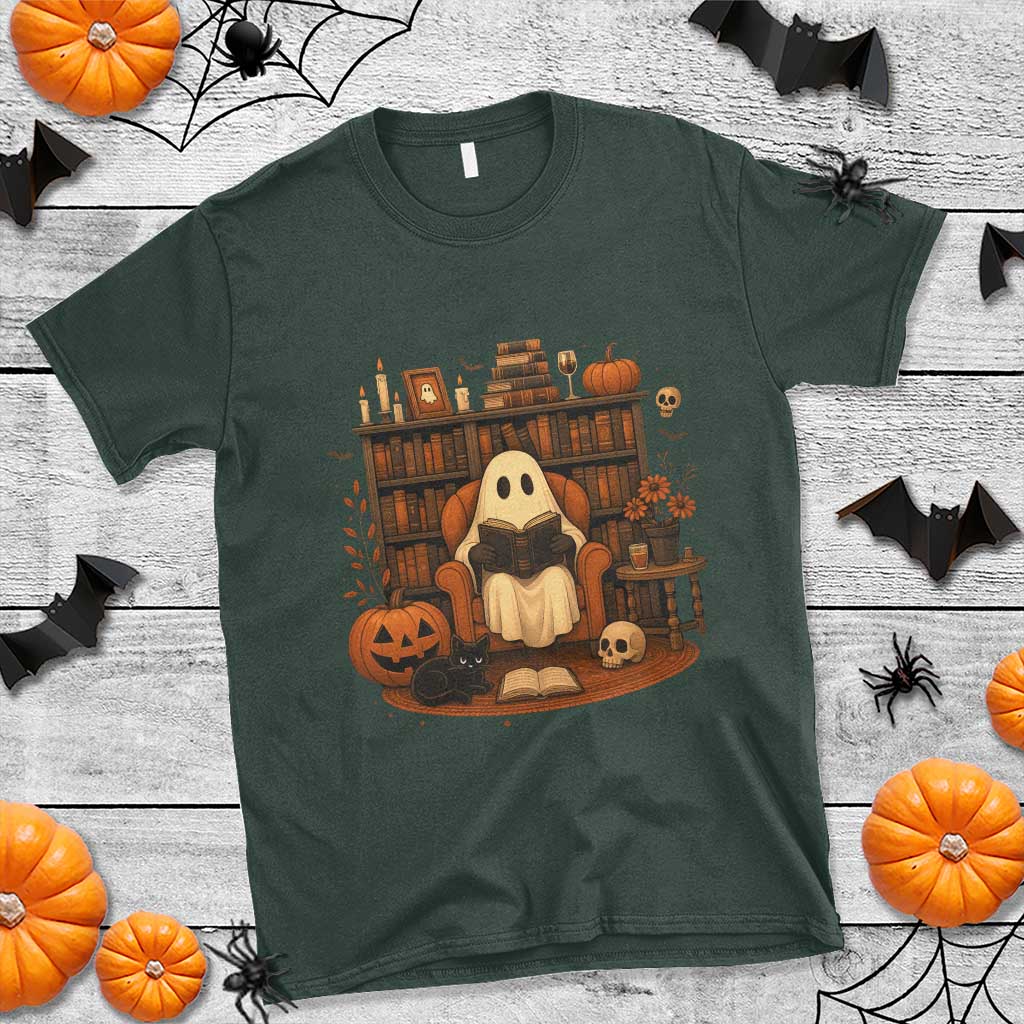 Halloween Book Lover T Shirt Spooky Ghost Reading Book Librarians Bookworm TS11 Dark Forest Green Print Your Wear