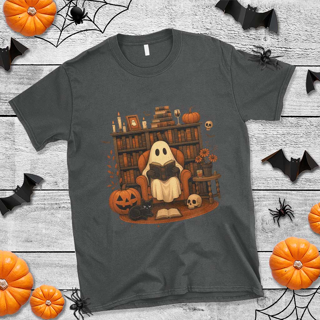 Halloween Book Lover T Shirt Spooky Ghost Reading Book Librarians Bookworm TS11 Dark Heather Print Your Wear