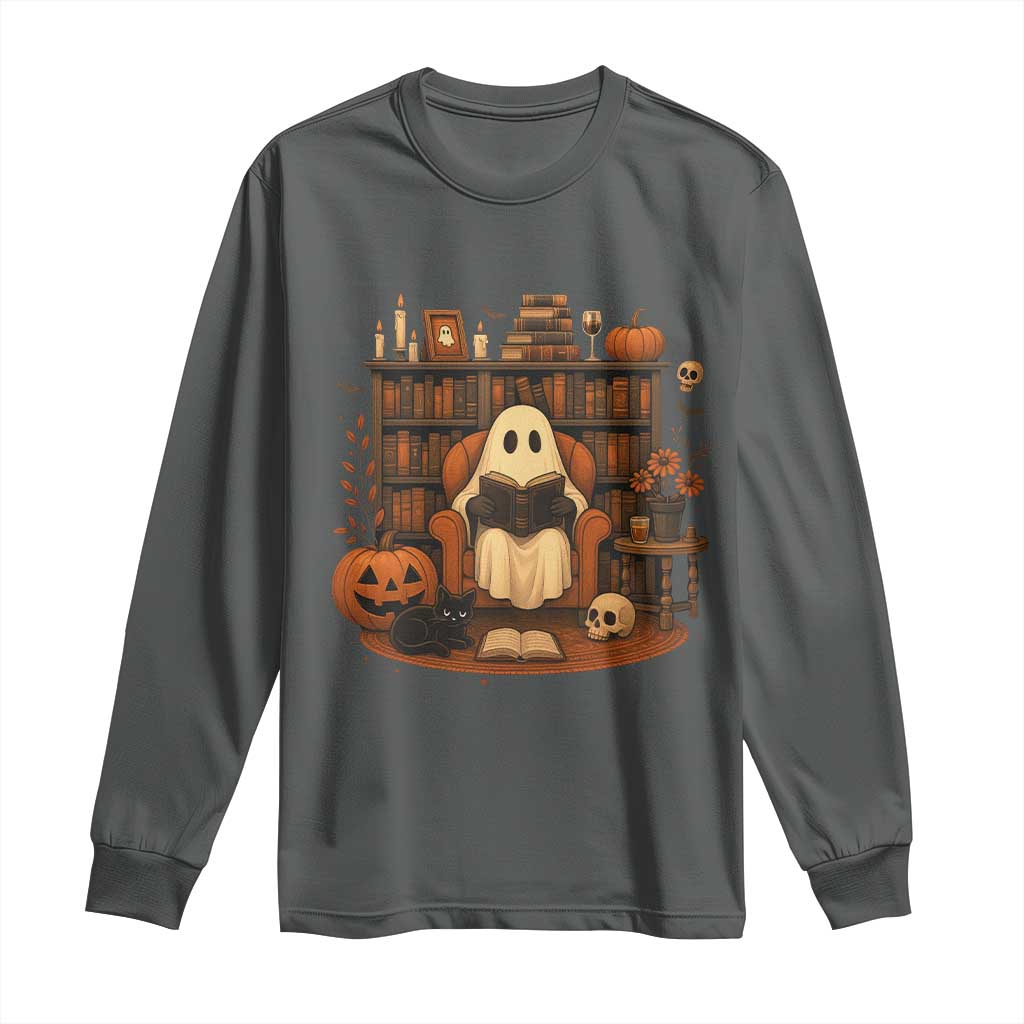 Halloween Book Lover Long Sleeve Shirt Spooky Ghost Reading Book Librarians Bookworm TS11 Dark Heather Print Your Wear