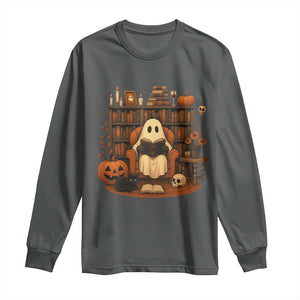 Halloween Book Lover Long Sleeve Shirt Spooky Ghost Reading Book Librarians Bookworm TS11 Dark Heather Print Your Wear
