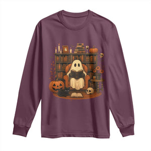Halloween Book Lover Long Sleeve Shirt Spooky Ghost Reading Book Librarians Bookworm TS11 Maroon Print Your Wear