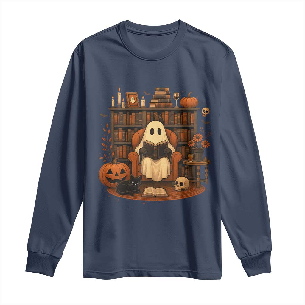 Halloween Book Lover Long Sleeve Shirt Spooky Ghost Reading Book Librarians Bookworm TS11 Navy Print Your Wear