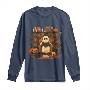 Halloween Book Lover Long Sleeve Shirt Spooky Ghost Reading Book Librarians Bookworm TS11 Navy Print Your Wear