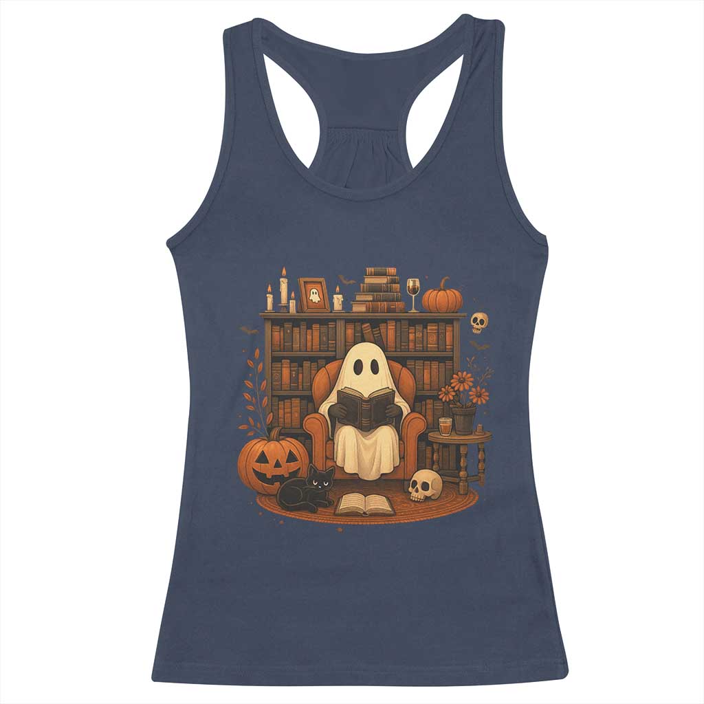 Halloween Book Lover Racerback Tank Top Spooky Ghost Reading Book Librarians Bookworm TS11 Navy Print Your Wear