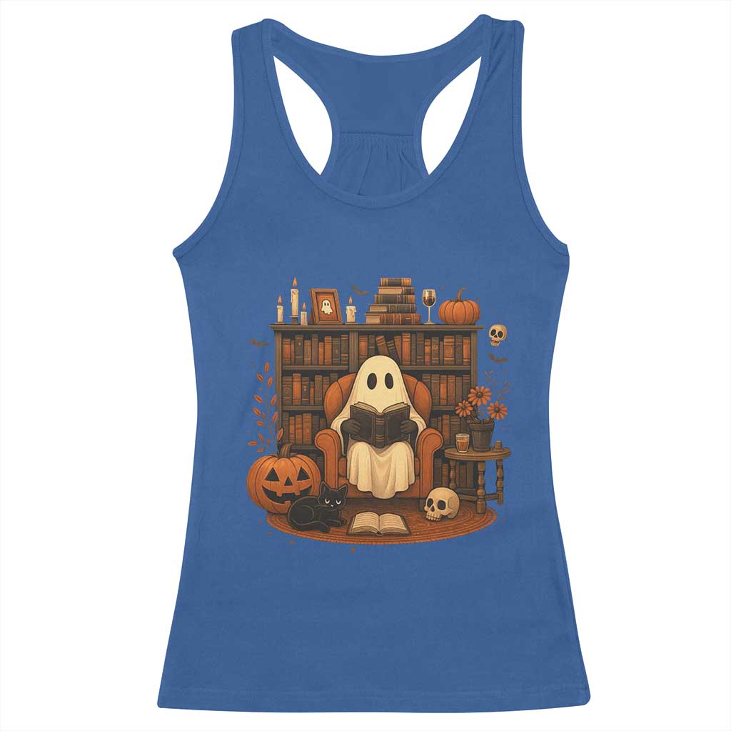 Halloween Book Lover Racerback Tank Top Spooky Ghost Reading Book Librarians Bookworm TS11 Royal Blue Print Your Wear