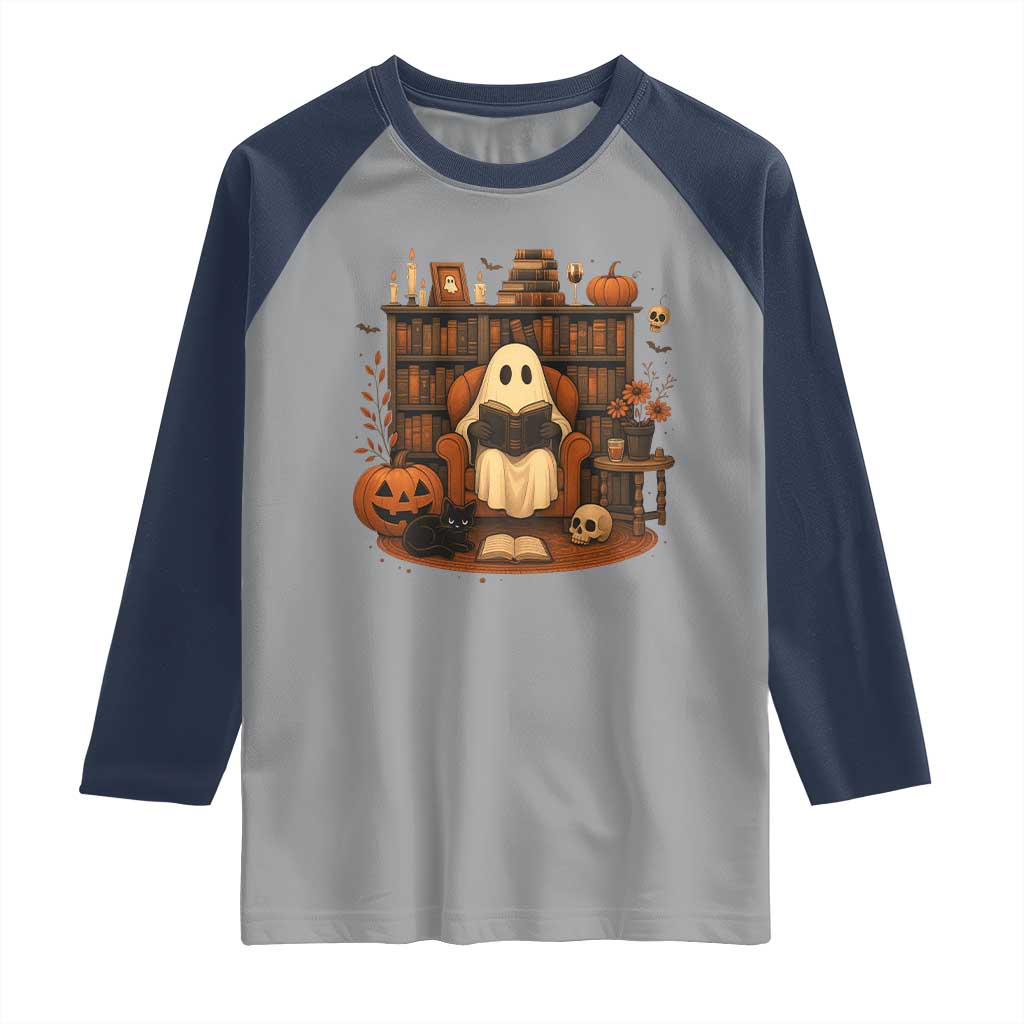 Halloween Book Lover Raglan Shirt Spooky Ghost Reading Book Librarians Bookworm TS11 Sport Gray Navy Print Your Wear