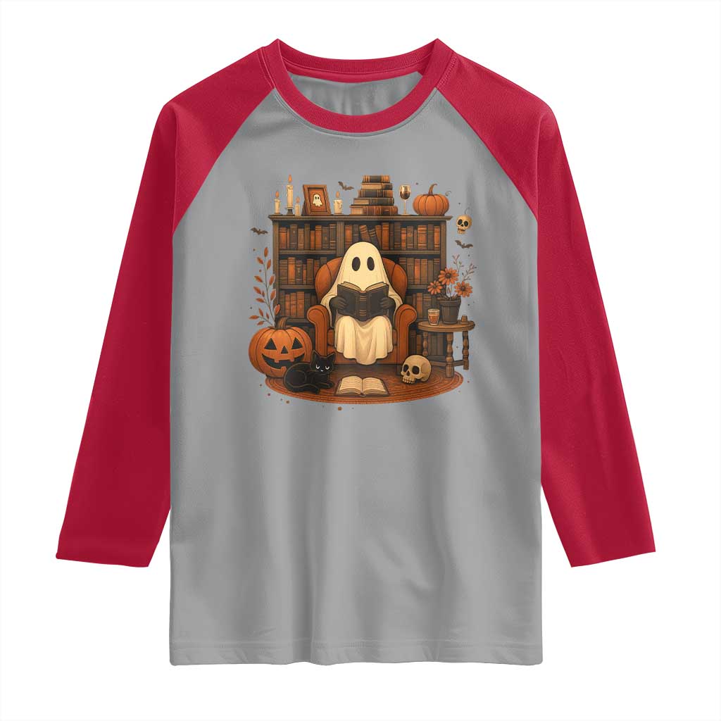 Halloween Book Lover Raglan Shirt Spooky Ghost Reading Book Librarians Bookworm TS11 Sport Gray Red Print Your Wear
