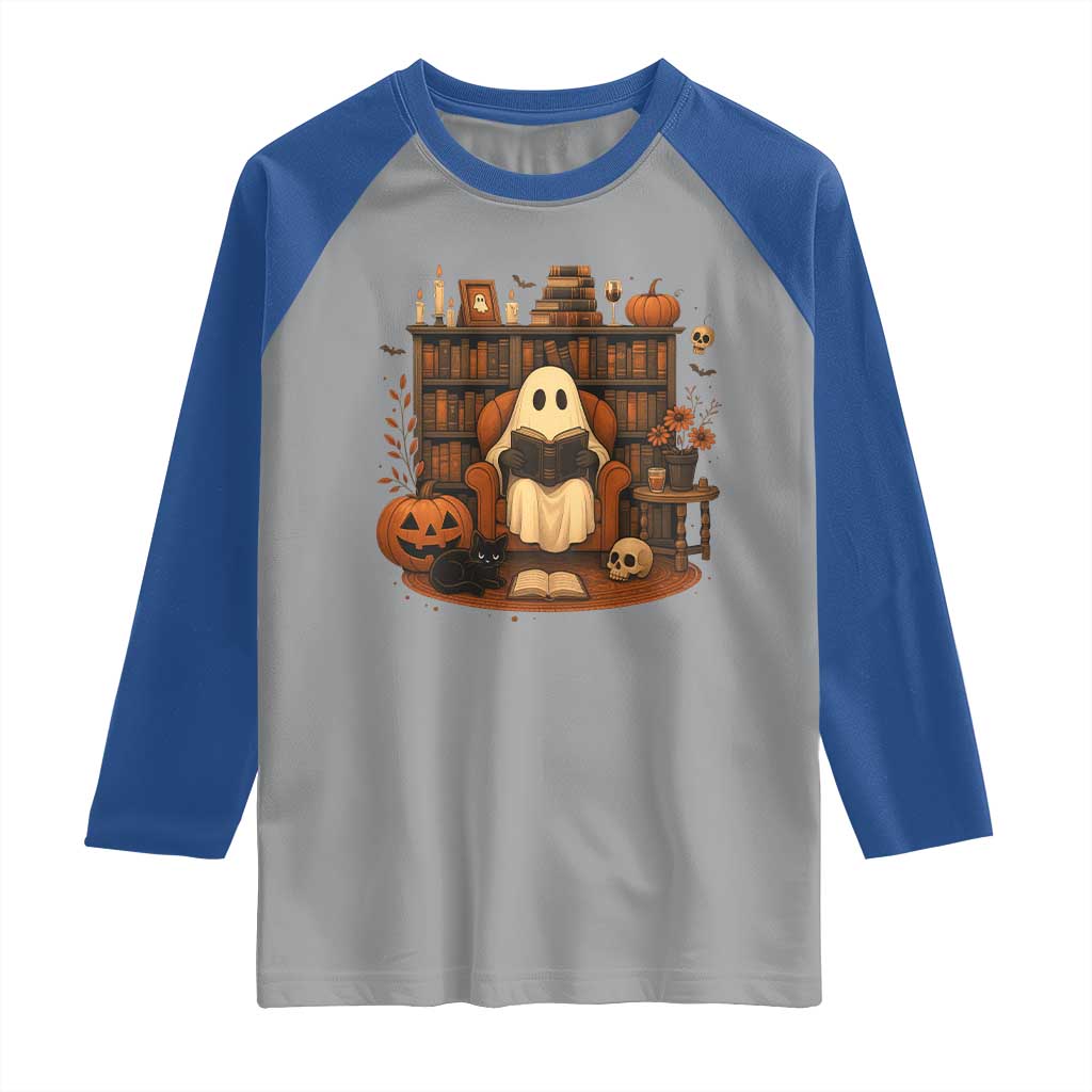 Halloween Book Lover Raglan Shirt Spooky Ghost Reading Book Librarians Bookworm TS11 Sport Gray Royal Print Your Wear