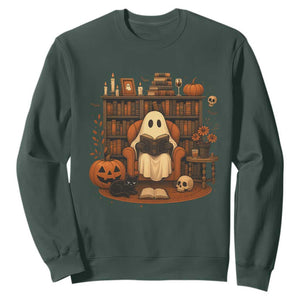 Halloween Book Lover Sweatshirt Spooky Ghost Reading Book Librarians Bookworm TS11 Dark Forest Green Print Your Wear