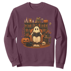 Halloween Book Lover Sweatshirt Spooky Ghost Reading Book Librarians Bookworm TS11 Maroon Print Your Wear