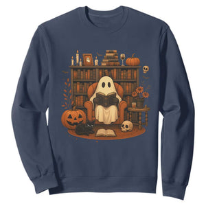 Halloween Book Lover Sweatshirt Spooky Ghost Reading Book Librarians Bookworm TS11 Navy Print Your Wear