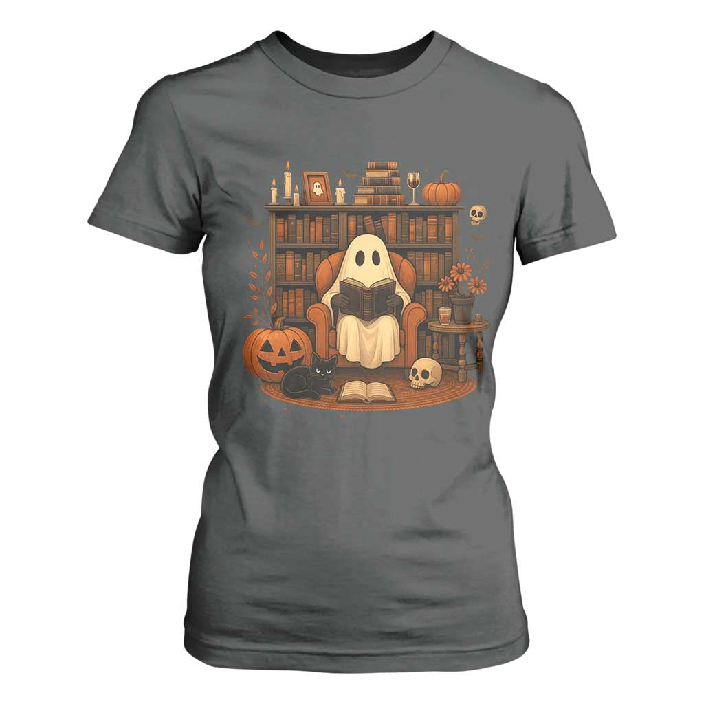 Halloween Book Lover T Shirt For Women Spooky Ghost Reading Book Librarians Bookworm TS11 Dark Heather Print Your Wear