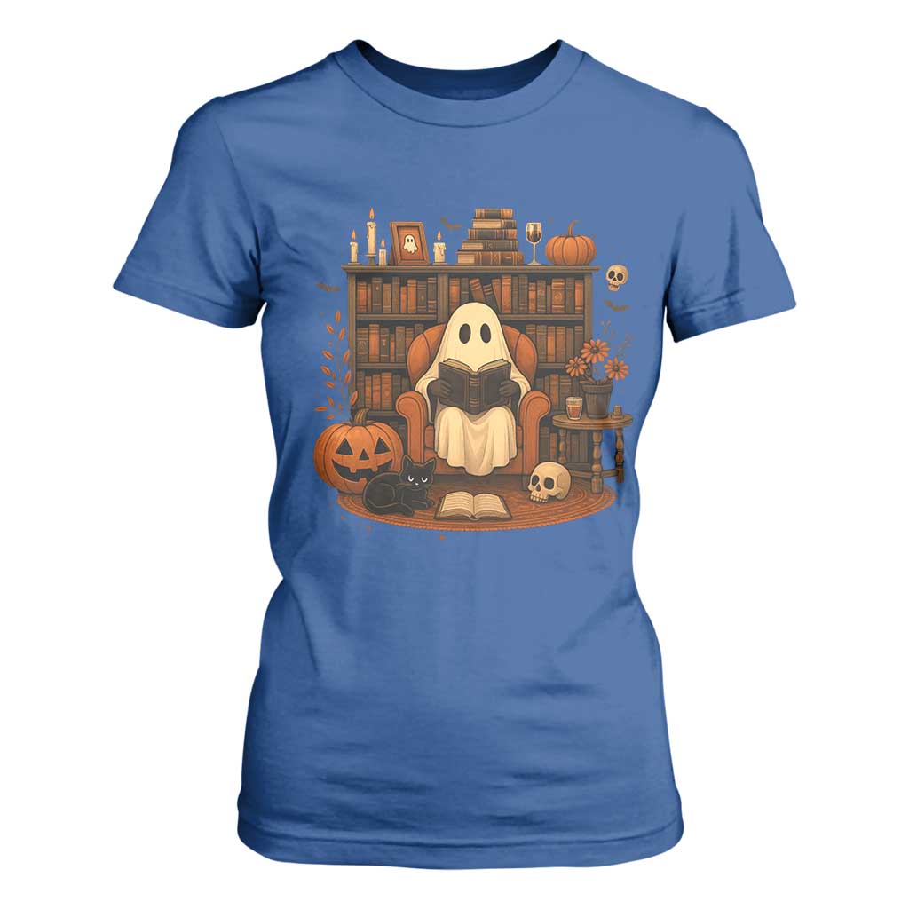 Halloween Book Lover T Shirt For Women Spooky Ghost Reading Book Librarians Bookworm TS11 Royal Blue Print Your Wear