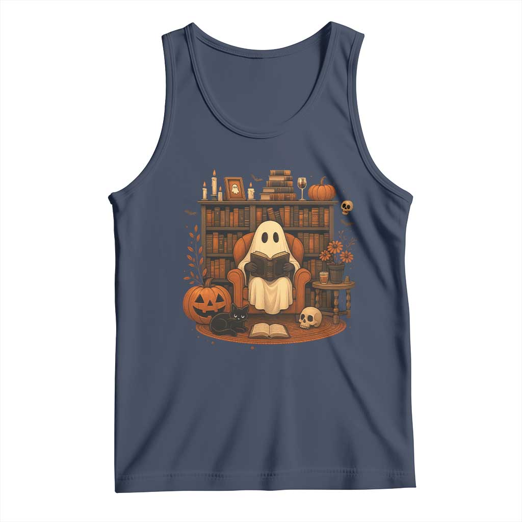 Halloween Book Lover Tank Top Spooky Ghost Reading Book Librarians Bookworm TS11 Navy Print Your Wear