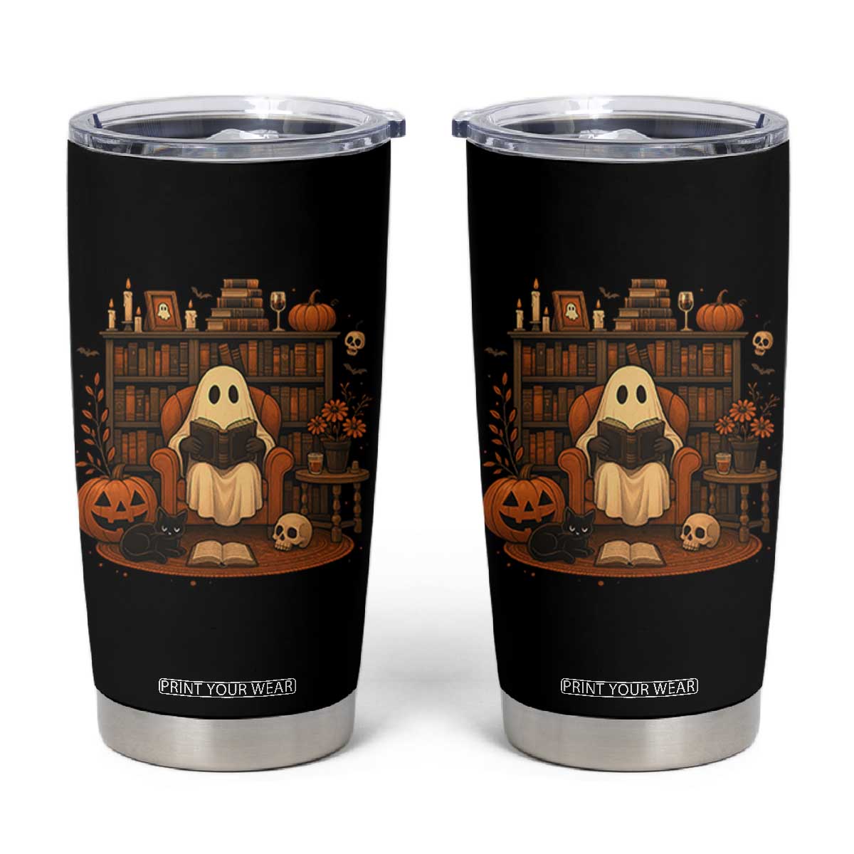 Halloween Book Lover Tumbler Cup Spooky Ghost Reading Book Librarians Bookworm TS11 Black Print Your Wear
