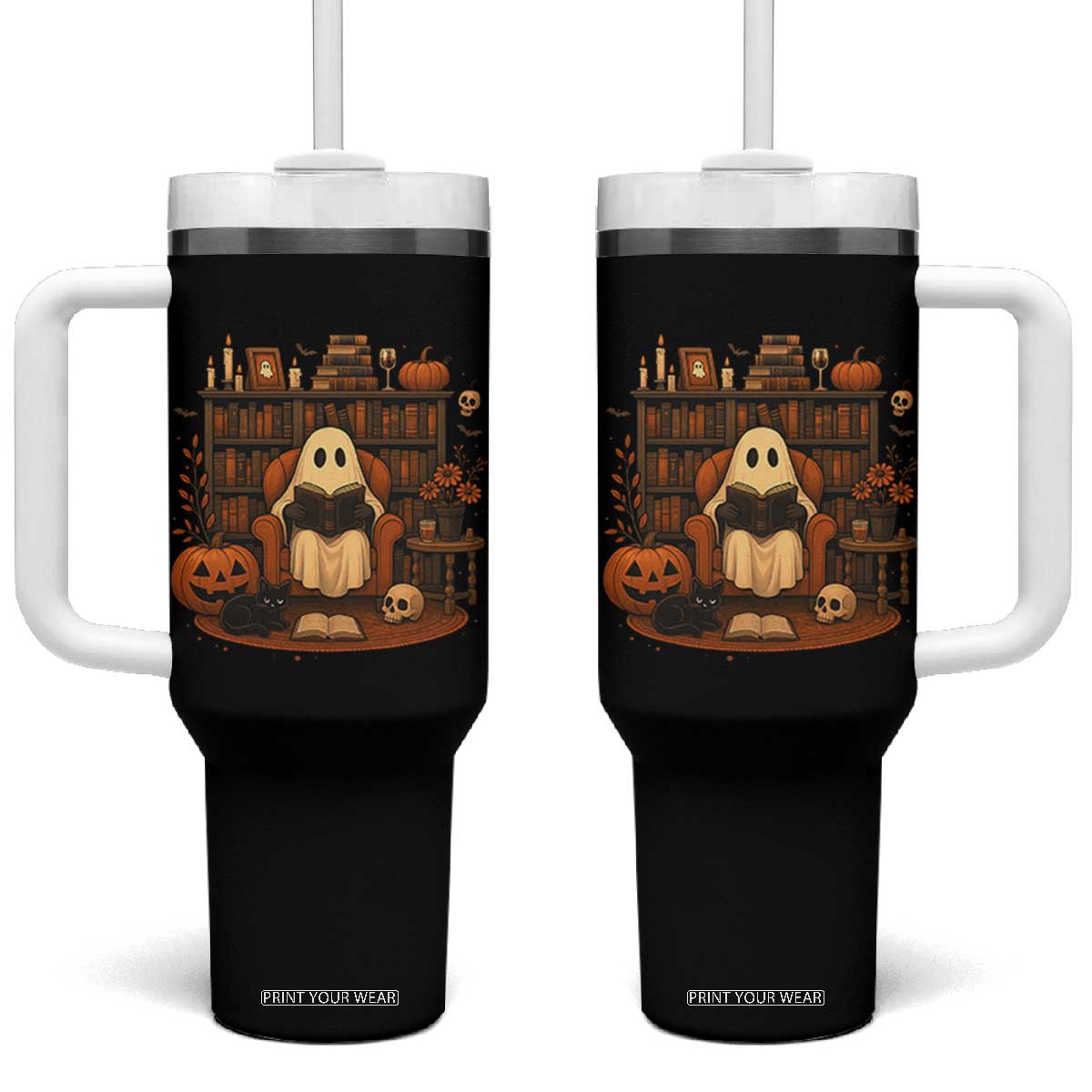 Halloween Book Lover Tumbler With Handle Spooky Ghost Reading Book Librarians Bookworm TS11 One Size: 40 oz Black Print Your Wear