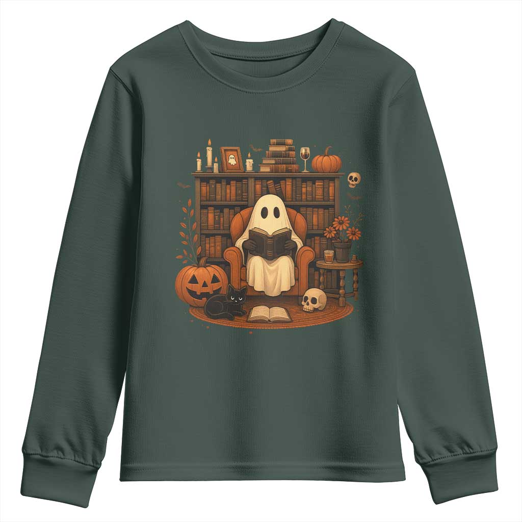 Halloween Book Lover Youth Sweatshirt Spooky Ghost Reading Book Librarians Bookworm TS11 Dark Forest Green Print Your Wear