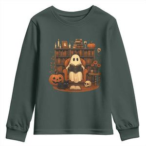 Halloween Book Lover Youth Sweatshirt Spooky Ghost Reading Book Librarians Bookworm TS11 Dark Forest Green Print Your Wear