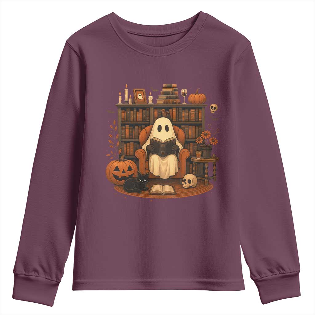 Halloween Book Lover Youth Sweatshirt Spooky Ghost Reading Book Librarians Bookworm TS11 Maroon Print Your Wear