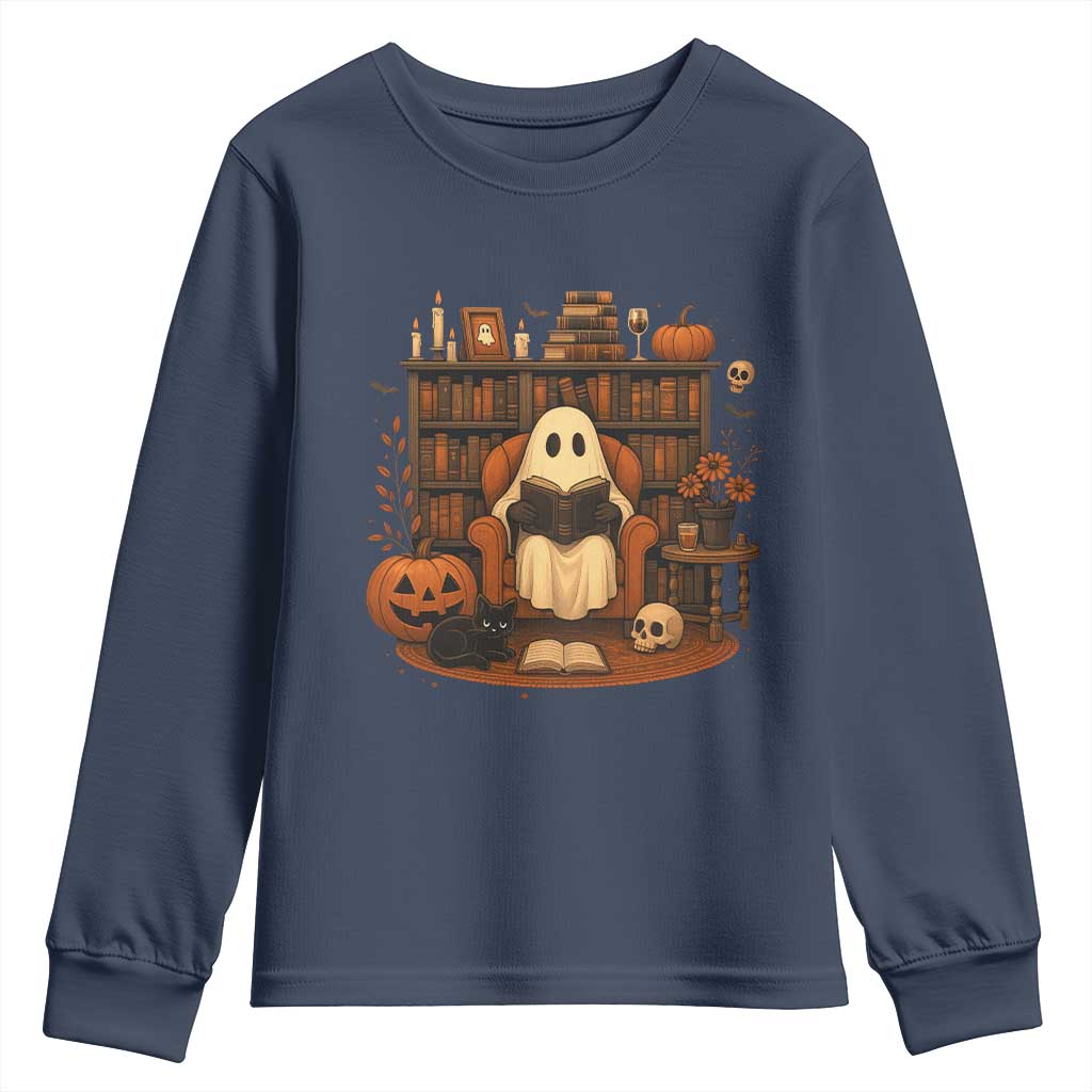Halloween Book Lover Youth Sweatshirt Spooky Ghost Reading Book Librarians Bookworm TS11 Navy Print Your Wear