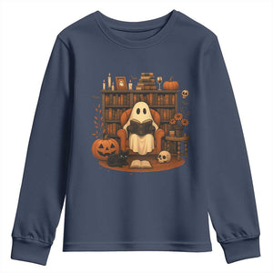 Halloween Book Lover Youth Sweatshirt Spooky Ghost Reading Book Librarians Bookworm TS11 Navy Print Your Wear