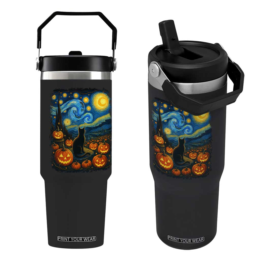 Halloween Cat Starry Night Van Gogh Cat Lovers Flip Straw Tumbler TS11 One Size: 30 oz Black Print Your Wear