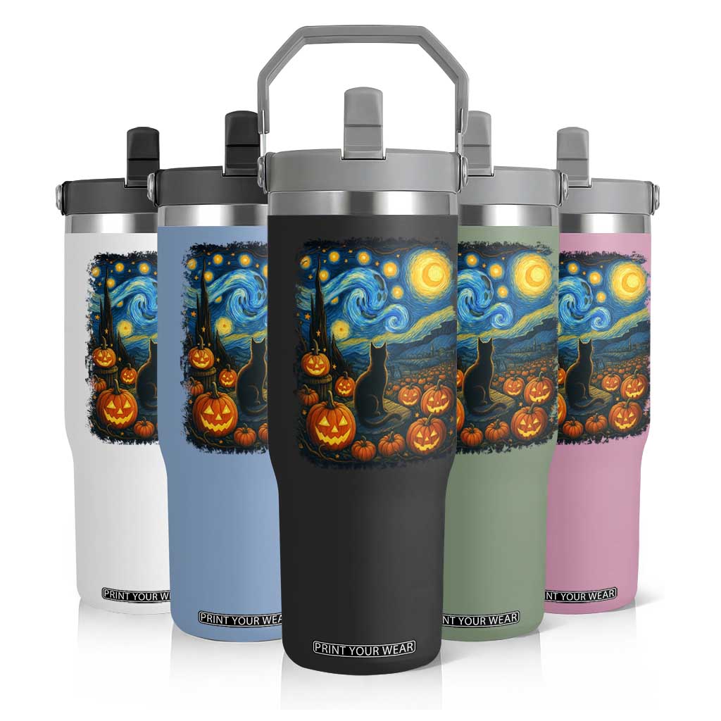 Halloween Cat Starry Night Van Gogh Cat Lovers Flip Straw Tumbler TS11 Print Your Wear