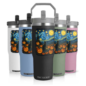 Halloween Cat Starry Night Van Gogh Cat Lovers Flip Straw Tumbler TS11 Print Your Wear